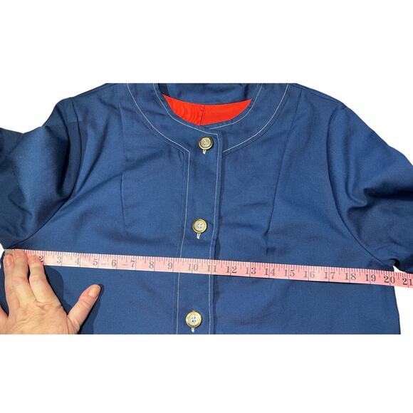 Vintage 60s 70s Collarless Car Coat Contrasting Stitch Sz M Blue White Cosplay - Picture 10 of 14